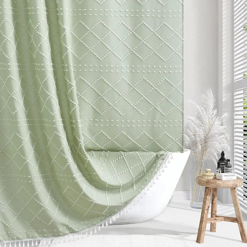 Siiluminisoy Boho Green Shower Curtain Woven Fabric Cute Shower Curtain with Tassel, 72 x 72 Tufted Chevron Textured Striped Modern Farmhouse Minimalist Cloth Shower Curtain for Bathroom