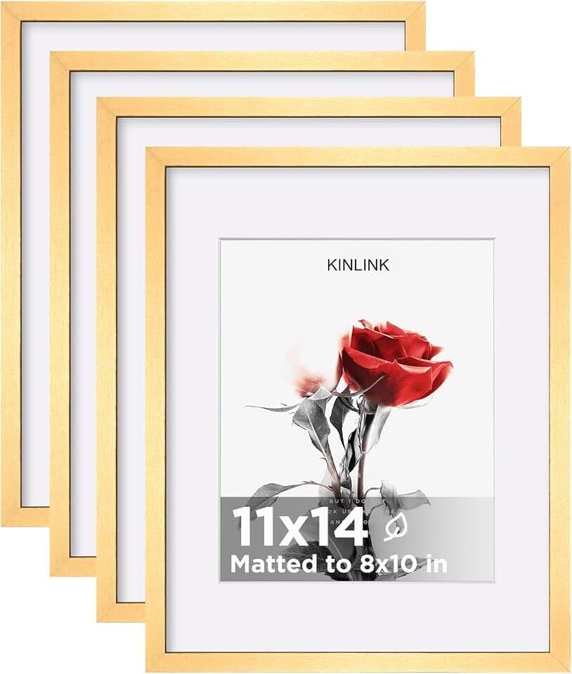 KINLINK 11x14 Picture Frame Set of 4, Wooden 14x11 Photo Frames with Plexiglass for 8x10 Picture with Mat or 11x14 Without Mat, Art Collage for Wall Gallery and Tabletop Display, 11 x 14 Frame Gold