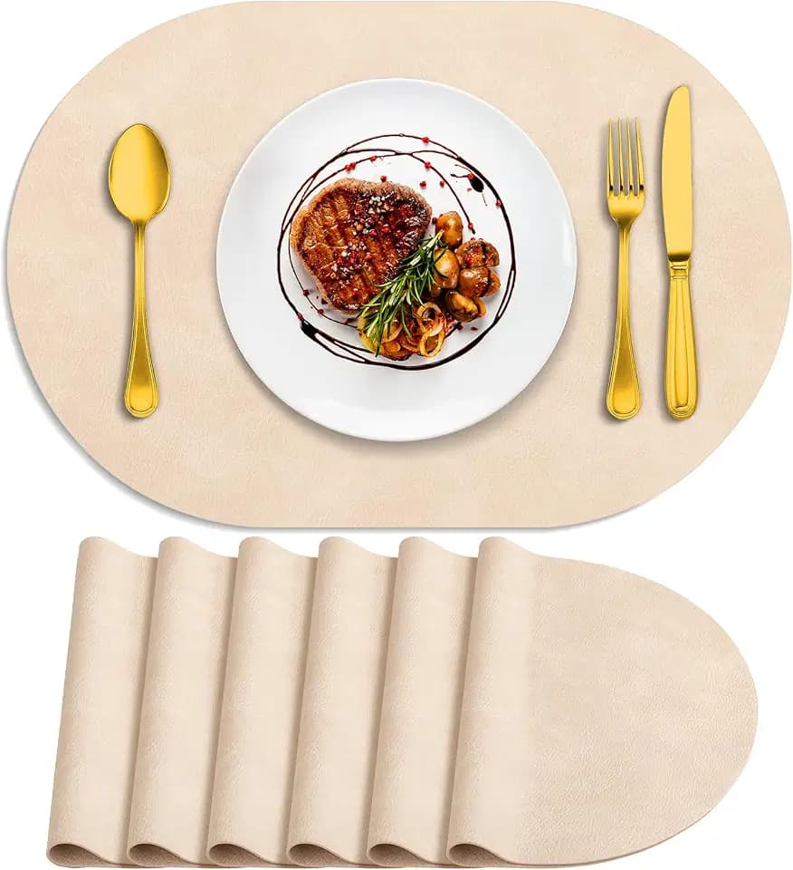 ADRIMER Oval Placemats Set of 6, Wipeable Faux Leather, Beige