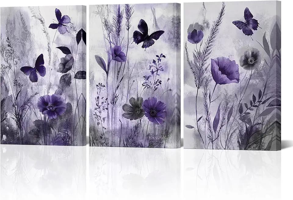 NutArtPic Botanical Canvas Wall Art Framed Wildflower Paintings Poppy Pictures Purple Artwork Minimalist Bedroom Bathroom Kitchen Wall Art(Purple Large)