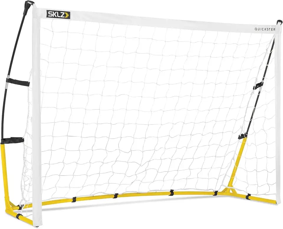 SKLZ Quickster Soccer Goal - Portable Goal for Backyard & Field - Durable Tension-Tite Frame & Heavy Gauge 2-Ply Net - Adjustable Click-Lock Poles, Metal Stakes - Carrying Case with Handle