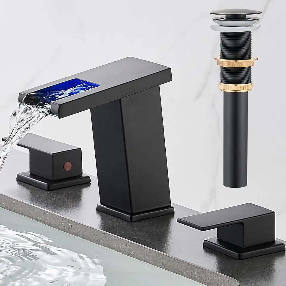 AVSIILE LED Bathroom Faucet 3 Hole, Matte Black Waterfall Bathroom Faucets