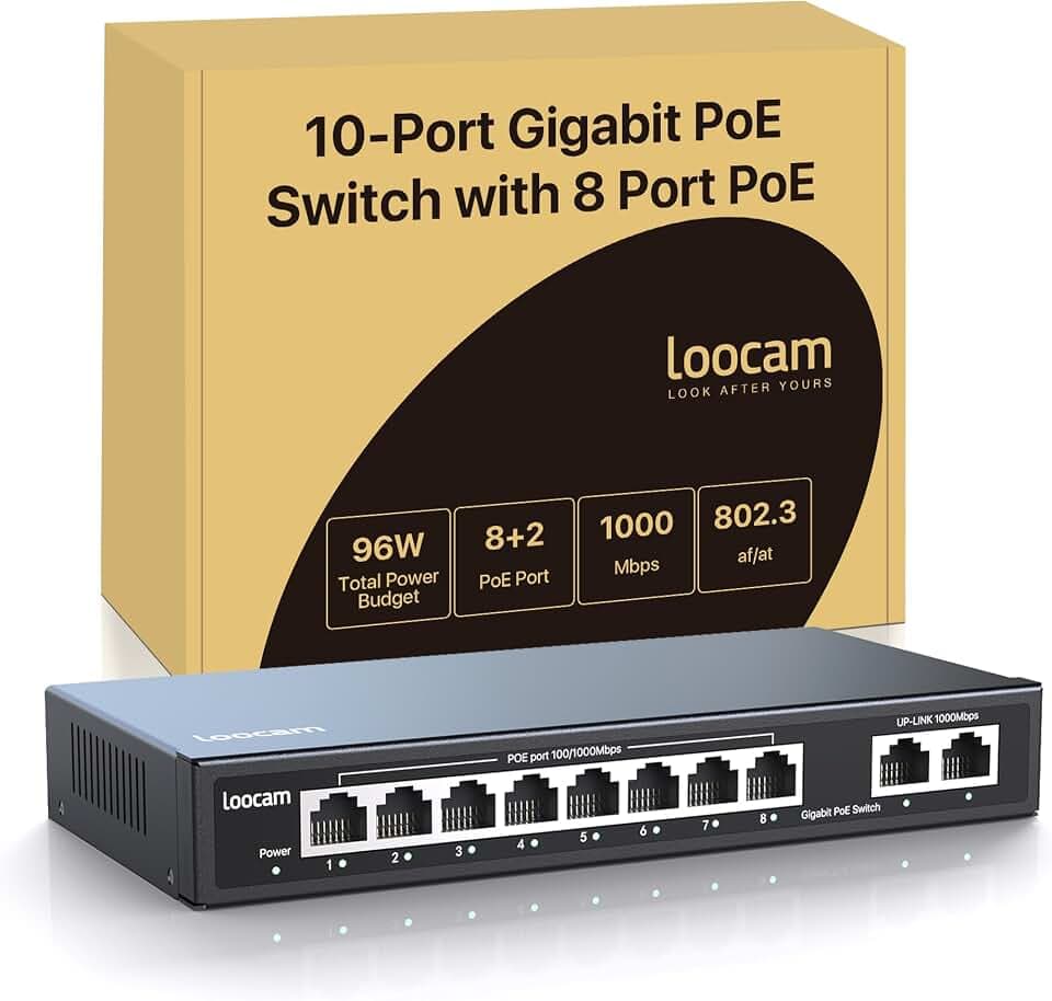 Loocam 8-Port Gigabit PoE Switch, 8 PoE+ Ports, 96W, Plug & Play