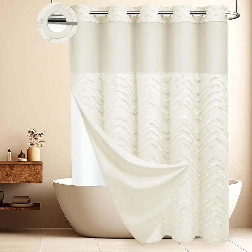 WONICY Ringless Tufted Chevron Shower Curtain with Liner, Cream, 71x74