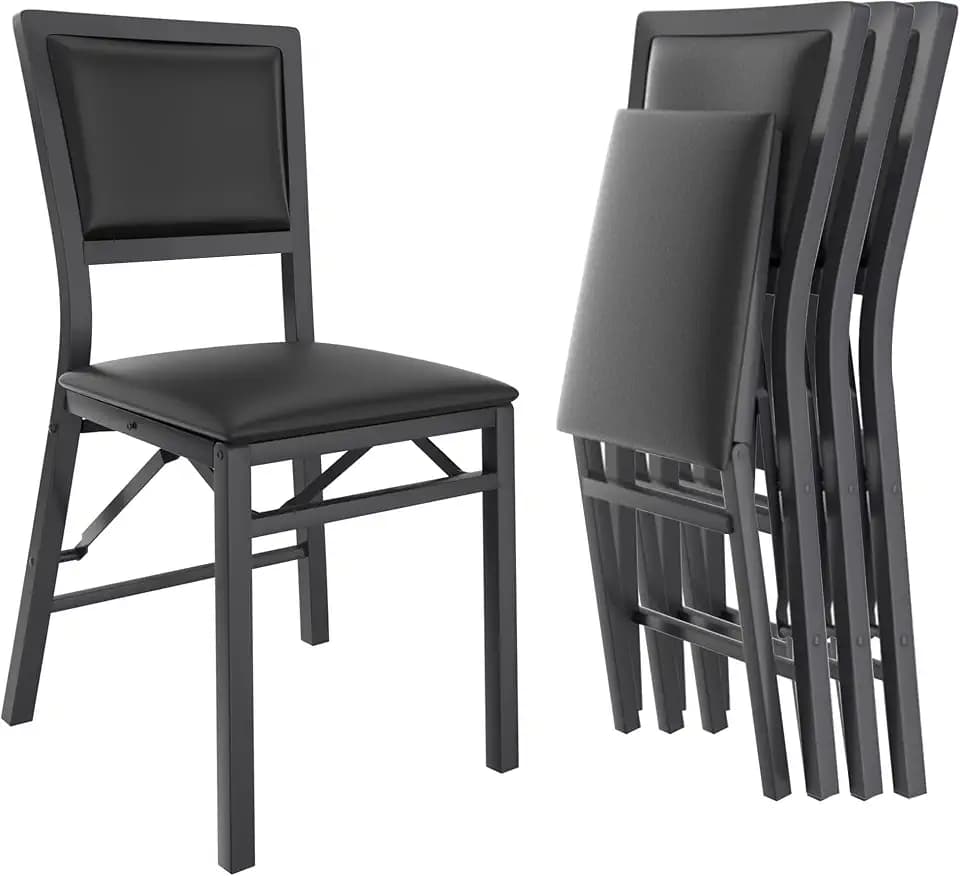 VECELO Folding Dining Chairs Set of 4, Metal Padded Foldable Seating with Comfortable Faux Leather, Space-Saving Portable Guest Seats for Kitchen & Office, No Assembly, Black