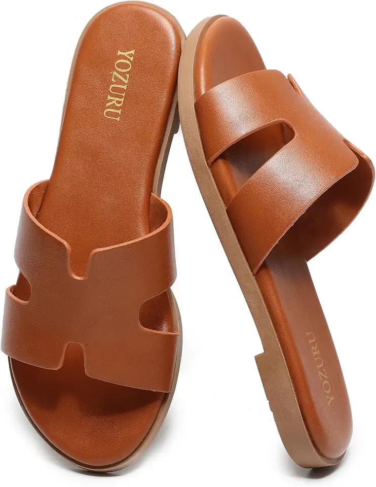 Yozuru Womens Flat Sandals Dressy Summer Slides Comfortable Leather Sandals