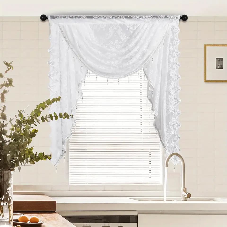 White Lace Waterfall Window Valance with Bead Tassels Floral Embroidered Valance Curtains Semi Sheer Rod Pocket Valance for Bedroom/Living Room/Kitchen/Basement (White,39"x41")