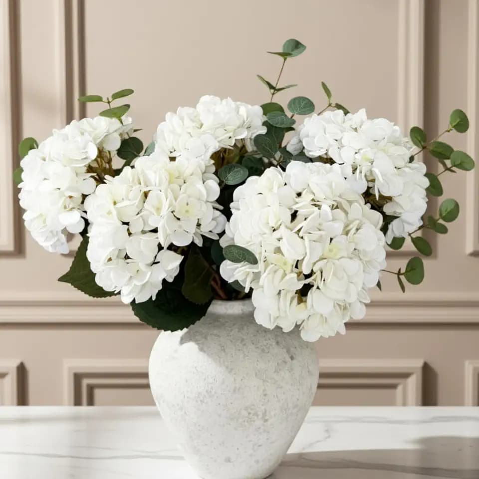 Real Touch White Faux Hydrangea And Eucalyptus, Floral Arrangement For Vase