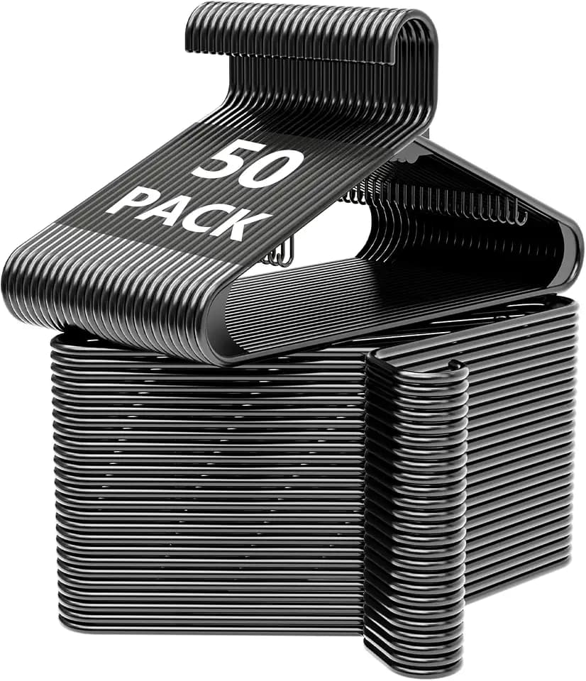 Black Plastic Hangers 50 Pack with Non-Slip Built-in Strap Hooks
