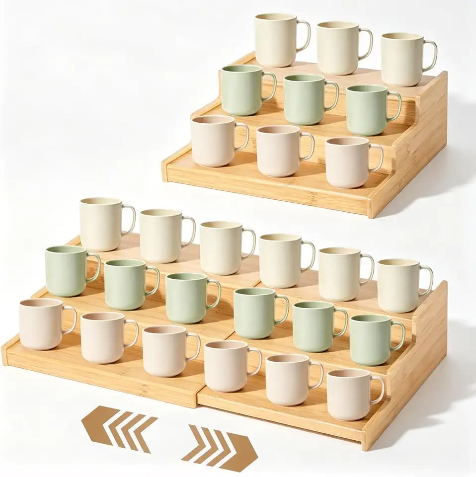 Expandable Bamboo Mug Holder, 13" to 23" Adjustable Coffee Cup Rack, 3-Tier Step Shelf Cup Holder, Desktop Mug Organizer for Kitchen Countertop, Coffee Bar, Cabinet & Pantry