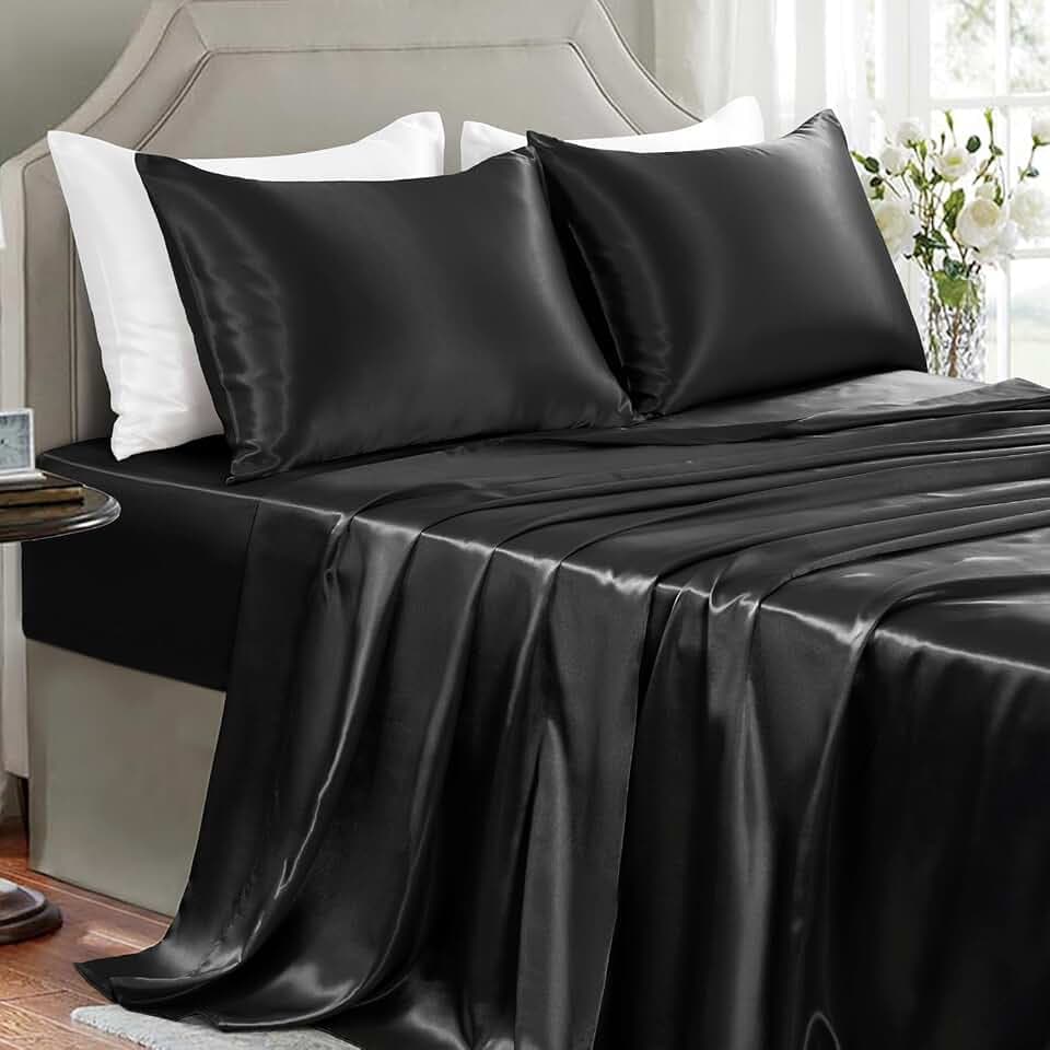Black Satin Sheets Queen Size - 4 Pieces Luxury Silky Soft Bed Sheets