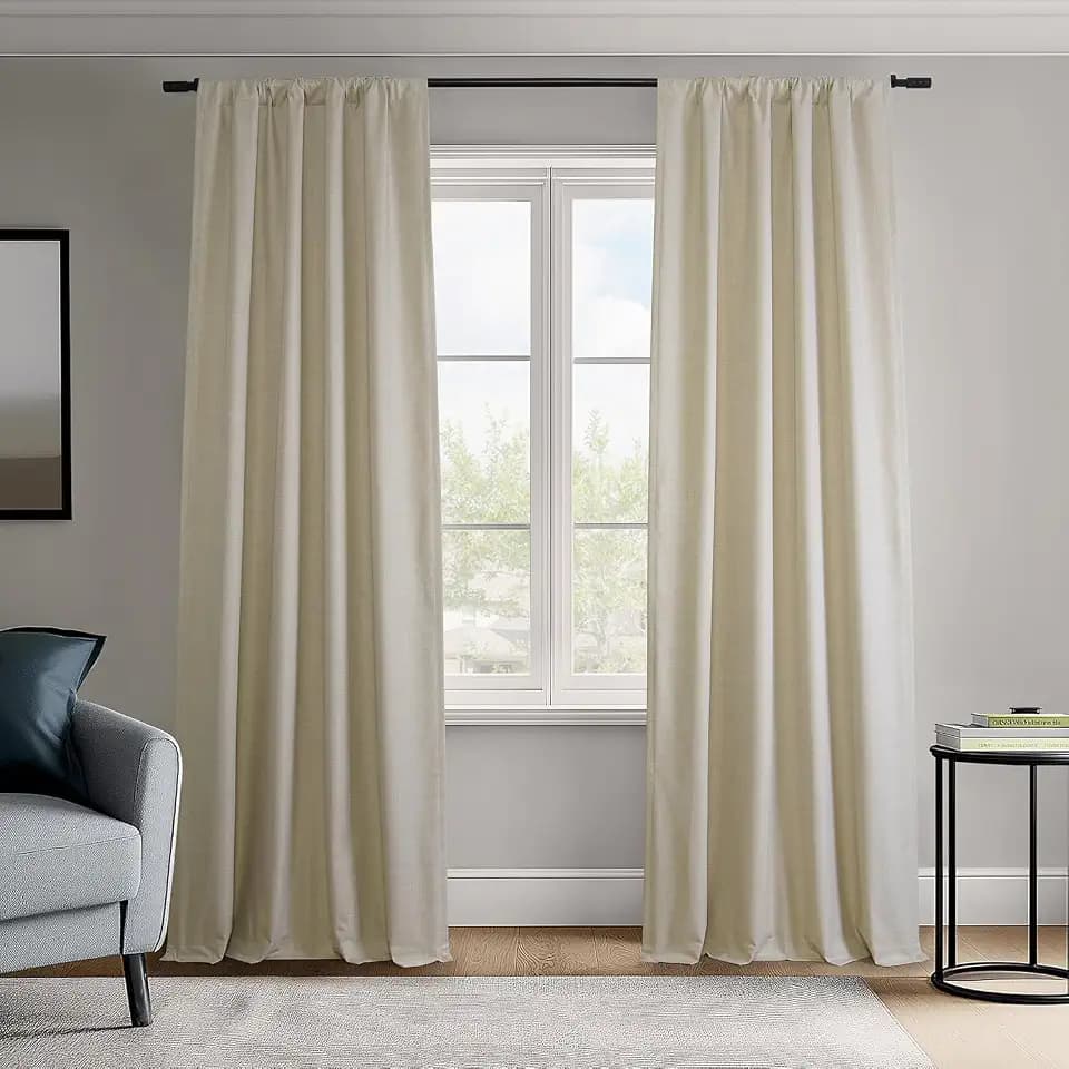 HPD Half Price Drapes Vienna Basic Linen 100% Blackout Curtains for Bedroom 84 Inches Long (2 Panels) - Rod Pocket Curtains & Drapes for Living Room & Windows - 50 X 84, Beige