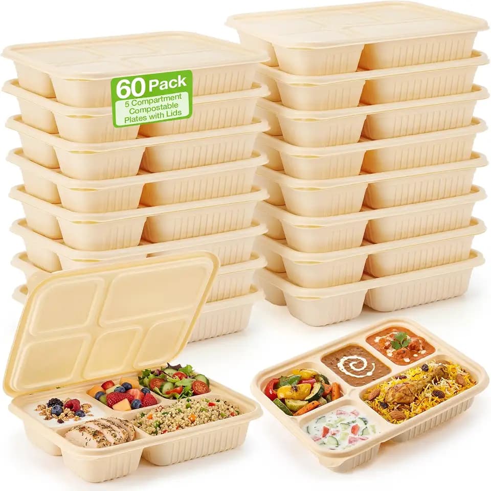 Havawish 60 Pack(120 Pcs) 5 Compartments Compostable Plates with Lids