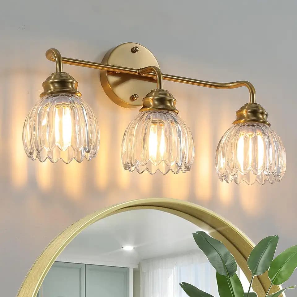3 Light Vintage Bathroom Light Fixtures, Gold Bathroom Vanity Light, Brass Finish with Clear Tulip Glass Shade, Wall Lighting for Bedroom, Living Room, Hallway,E26 Base