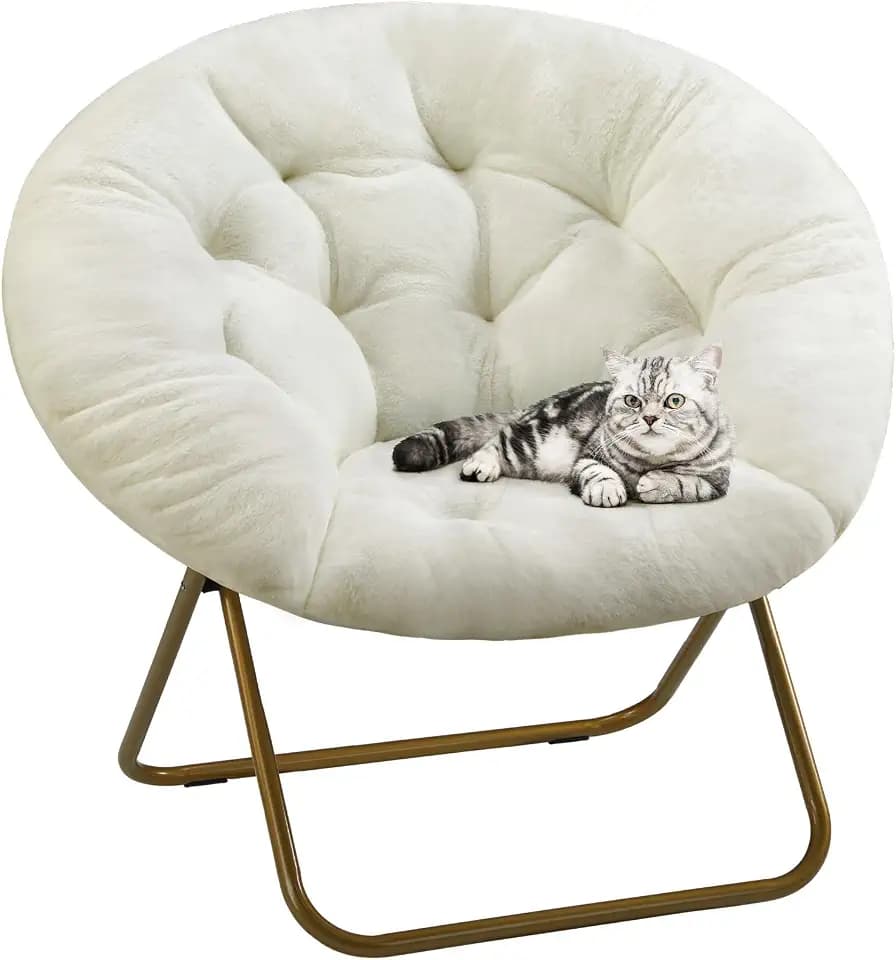 DUMOS Faux Fur Saucer Chair, Foldable Comfy Chair for Bedroom, White