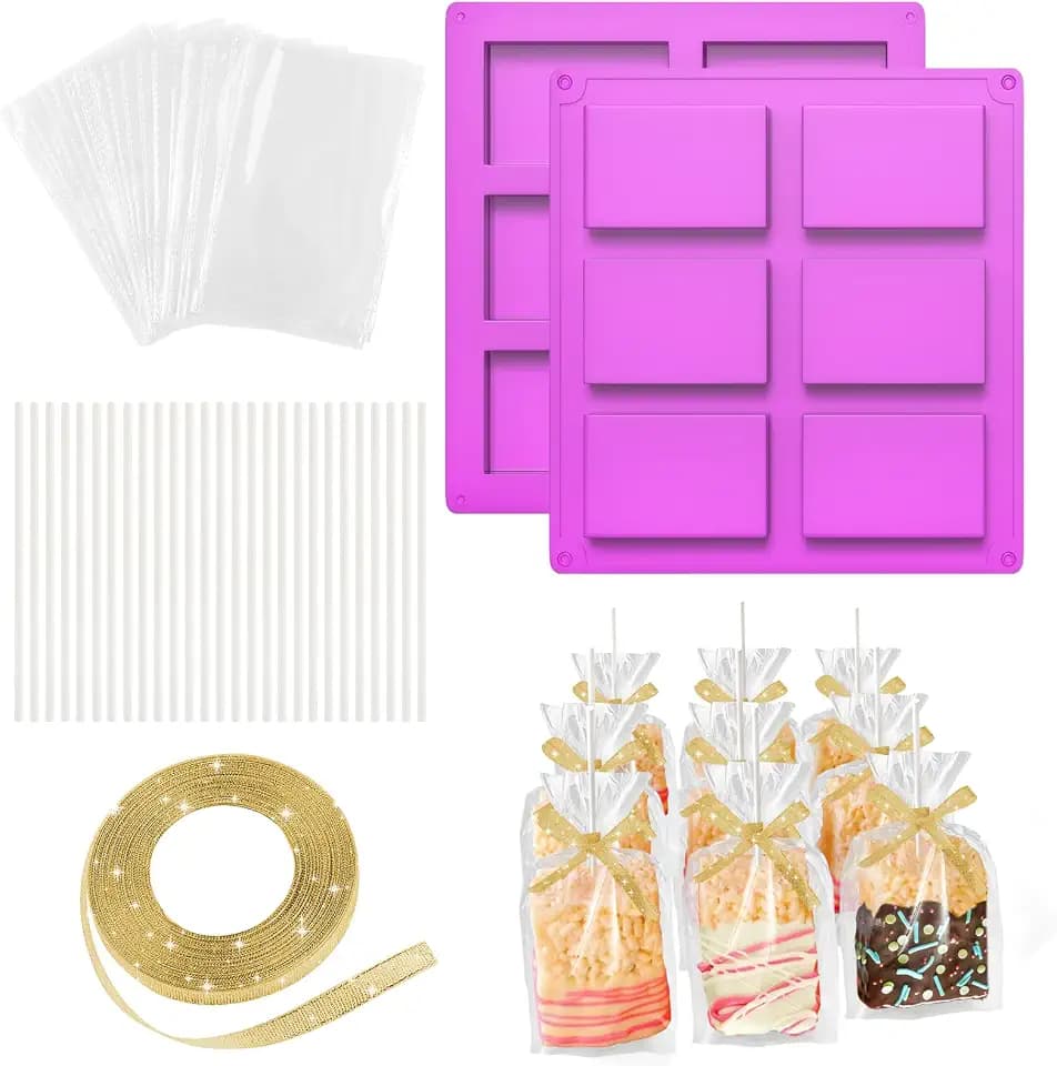 2 PCS Rice Crispy Treat Silicone Mold with 50 Bags & Sticks, Chocolate Mold