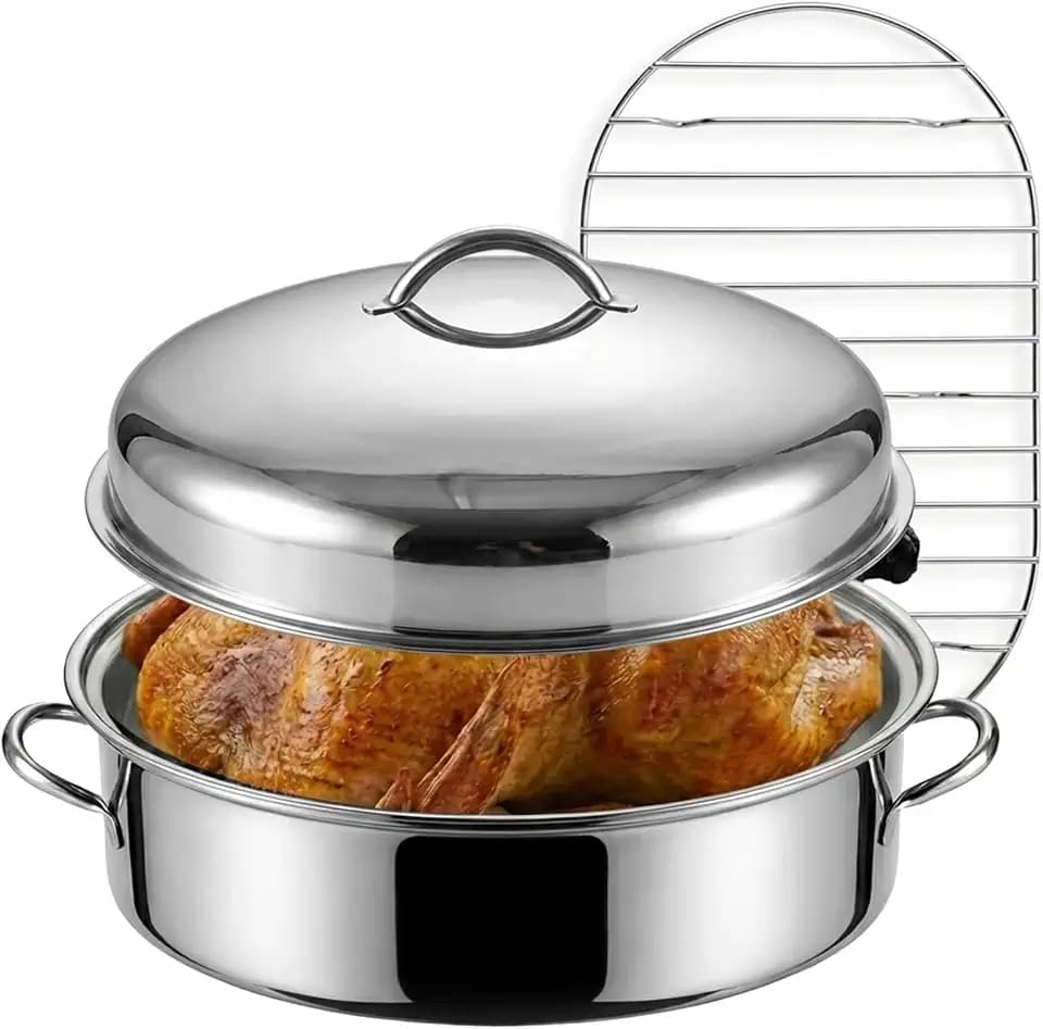 18.1" Raised Stainless Steel Roasting Pan with Rack and Lid