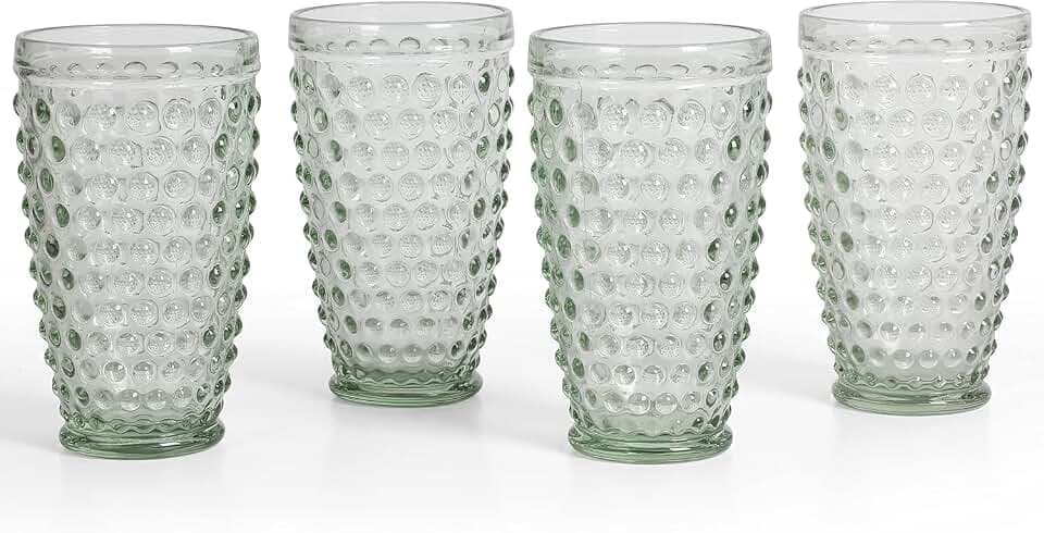 Martha Stewart Chauncey 4-Pack Hobnail Glass Tumblers, 14.3 oz – Handmade Green Drinking Glasses, Vintage Textured Water Cups for Kitchen, Barware, or Entertaining