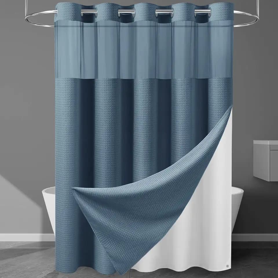Heavyweight Waffle Ringless Shower Curtain with Liner, MoonlightBlue,71x74