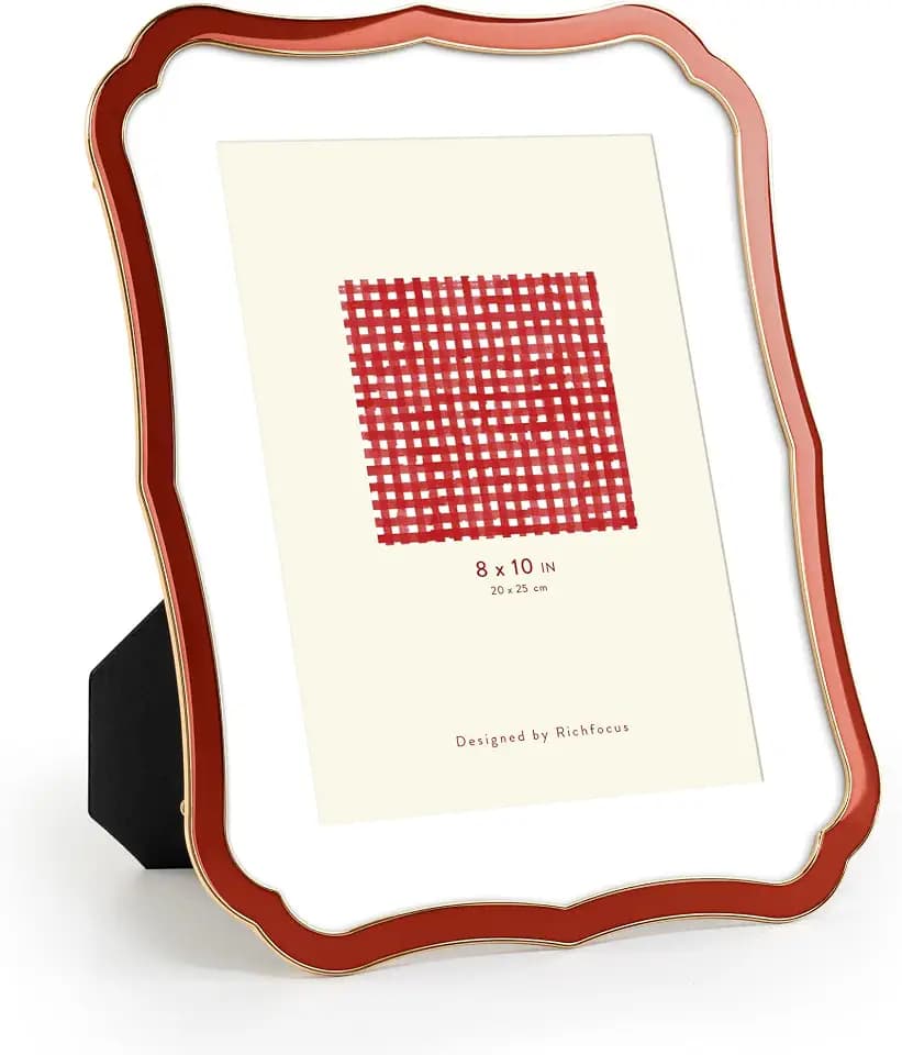 8x10 Enamel Picture Frame with HD-Tempered Glass, Display 5x7 Photo with Mat, Ornate Photo Frame with Metal Edge & Velvet Back for Tabletop & Wall Mount Vertically or Horizontally Display, Red