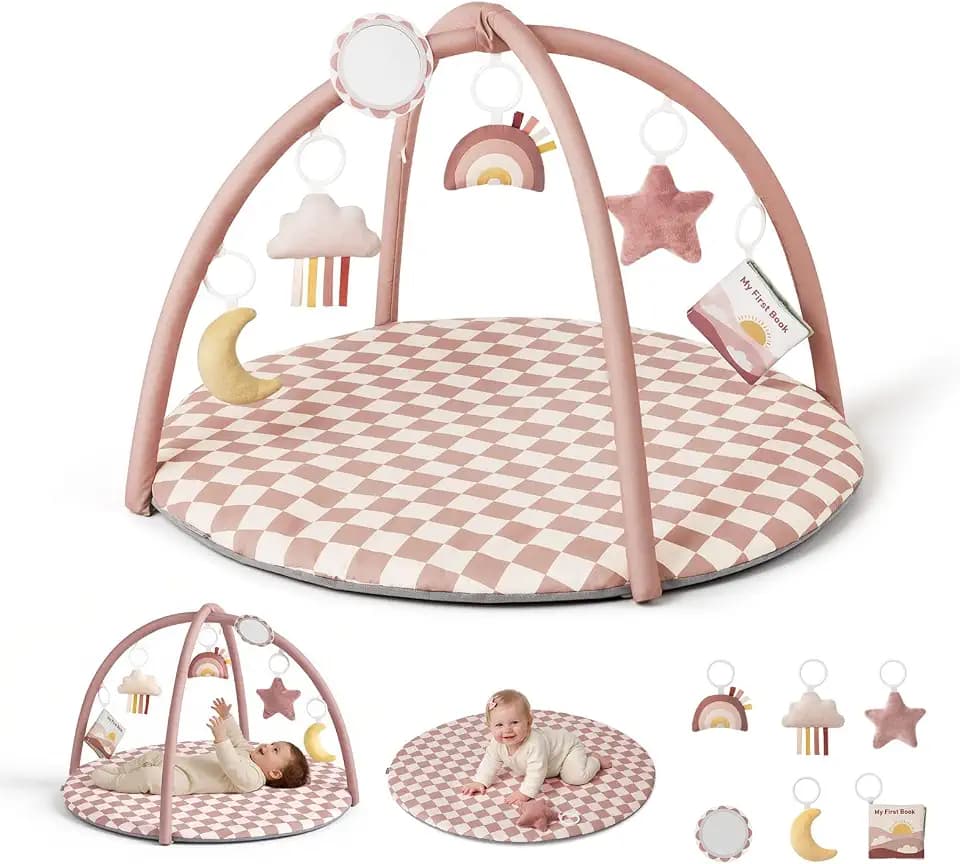Blissful Diary Baby Play Gym Mat, Play Mat Activity Mat with 6 Detachable Toys for Stage-Based Sensory & Motor Skill Development, Easy to Install & Clean, Baby Essentials Gift, Blush Checkered