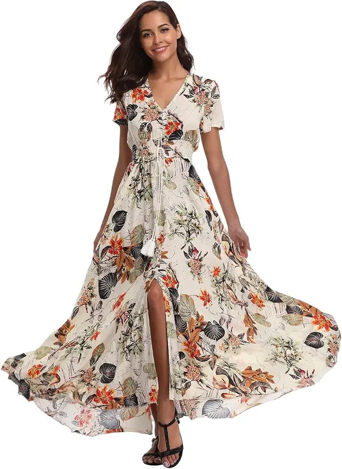 VintageClothing Women Floral Maxi Dresses Boho Button Up Summer Dress