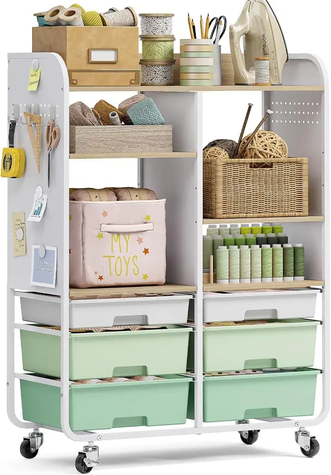 APEXCHASER 6 Drawers Rolling Storage Cabinet with Wood Top& Pegboards Green