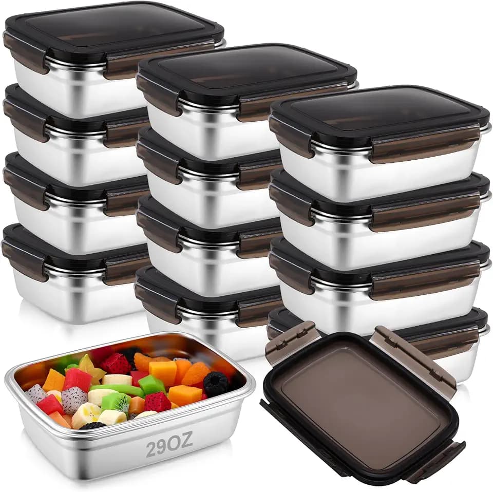 12 Pcs 29oz/ 850 ml 304 Stainless Steel Food Containers with Lid, FDA Registered Airtight Lunch Container Reusable Meal Prep Storage Box Freezer/Dishwasher Safe for Home Kitchen