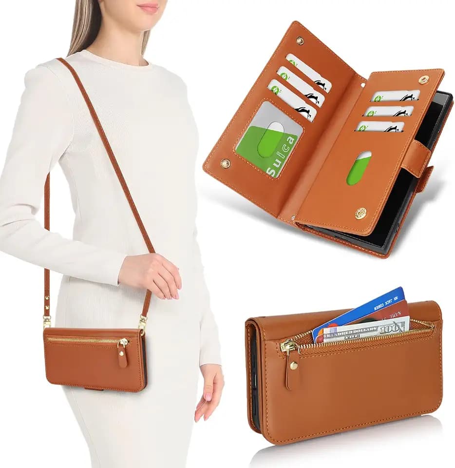 SailorTech für Samsung Galaxy S24 Ultra Hülle mit Kartenfach Klapphülle für Frauen, Galaxy S24 Ultra Handyhülle Handytasche Flip Brieftasche Schutzhülle mit Verstellbarer Halskette-Braun