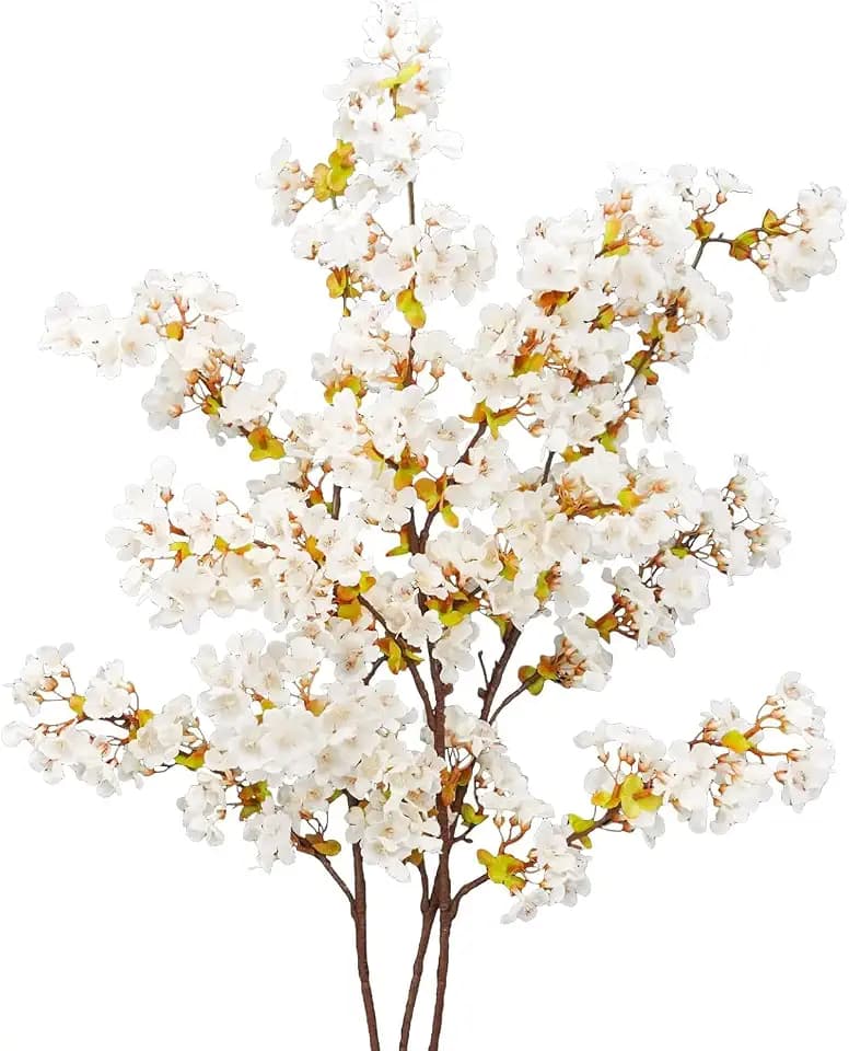 Uieke 24Pcs Silk Cherry Blossom Branches, 39.3in Artificial Cherry Blossom Tree Stems, Fake Plum Blossom Flowers Arrangement for Wedding Home Japanese Decor, White