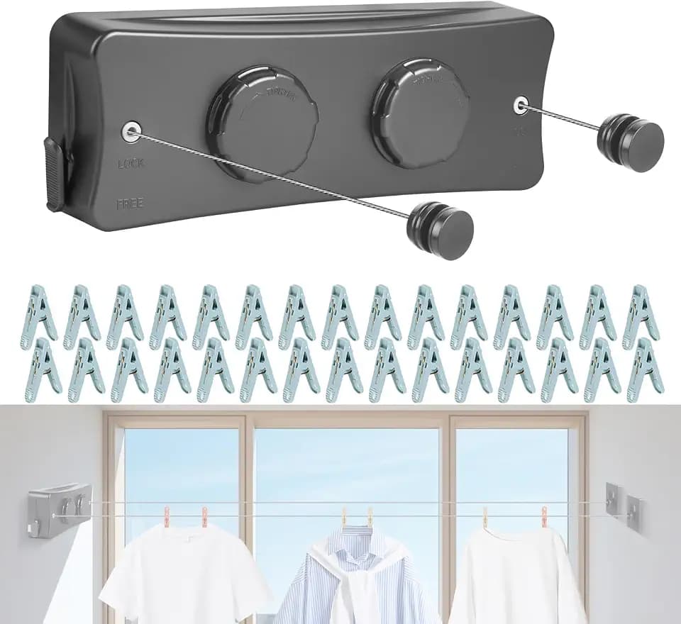 17Ft Retractable Clothesline Indoor/Outdoor, Comes with 40 clothespins, Anti-Sag for Drying Clothes line retracting Indoor/Outdoor, Dual-Line with Each Line 17Ft Long Laundry line Retractable