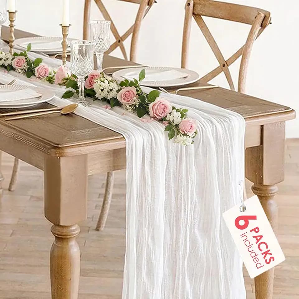 BLUETOP 6 Pack White Cheesecloth Table Runner - Summer Boho Gauze Cheese Cloth Table Runner 35x120 Inch Long Romantic White Table Cloth for Wedding Bridal Baby Shower Decoration