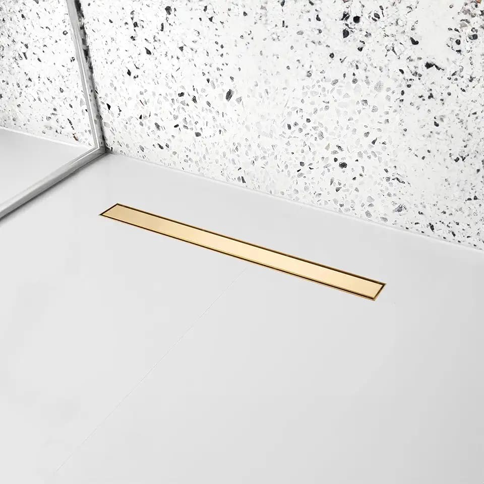 36 inch Linear Shower Drain with Removable Square Hole Panel by Using Brushed 304 Stainless Steel Process, Linear Drain Equipped with Adjustable Feet and Hair Strainer(Brushed Gold Color)