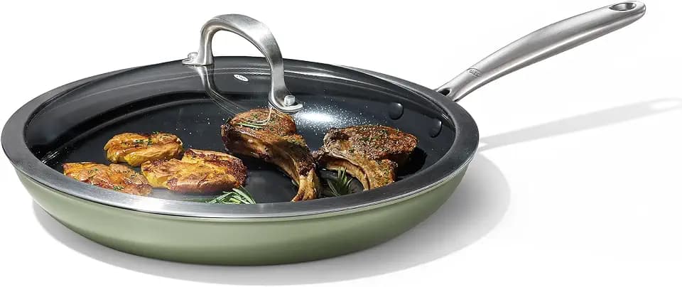 OXO Enhanced 12” Frying Pan Skillet with Lid, PFAS-Free Ceramic Nonstick, Hard Anodized, Stainless Steel Handle, Dishwasher & Oven Safe, Eucalyptus