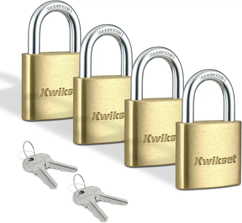 Kwikset Brass Padlock with Hardened Steel Shackle, 4-Pack