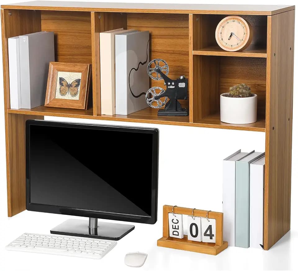 Briwooody Dorm Desk Hutch Desktop Bookshelf for College Office, Brown
