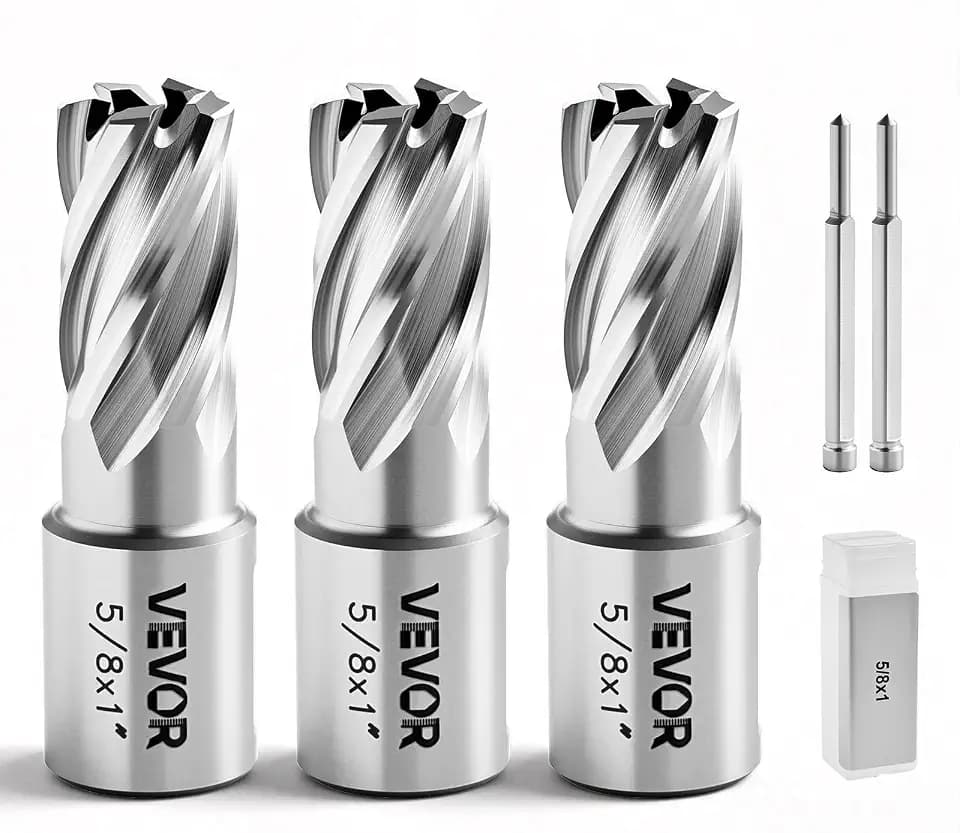 VEVOR Annular Cutter Set, 5 pcs Weldon Shank Mag Drill Bits Kit, 1" Cutting Depth, 5/8" Cutting Diameter, HSS, 3 Drill Bits with 2 Pilot Pins and 3 Plastic Cases, for Magnetic Drills, Steel, Aluminum