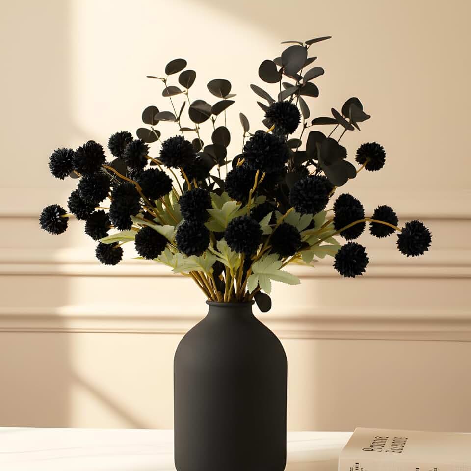 12 Black Artificial Flowers & Eucalyptus Long Stems, Halloween Decor