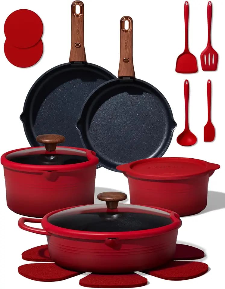 CAROTE 20pcs Titanium Cookware Set, Detachable Handle Pots and Pans Set