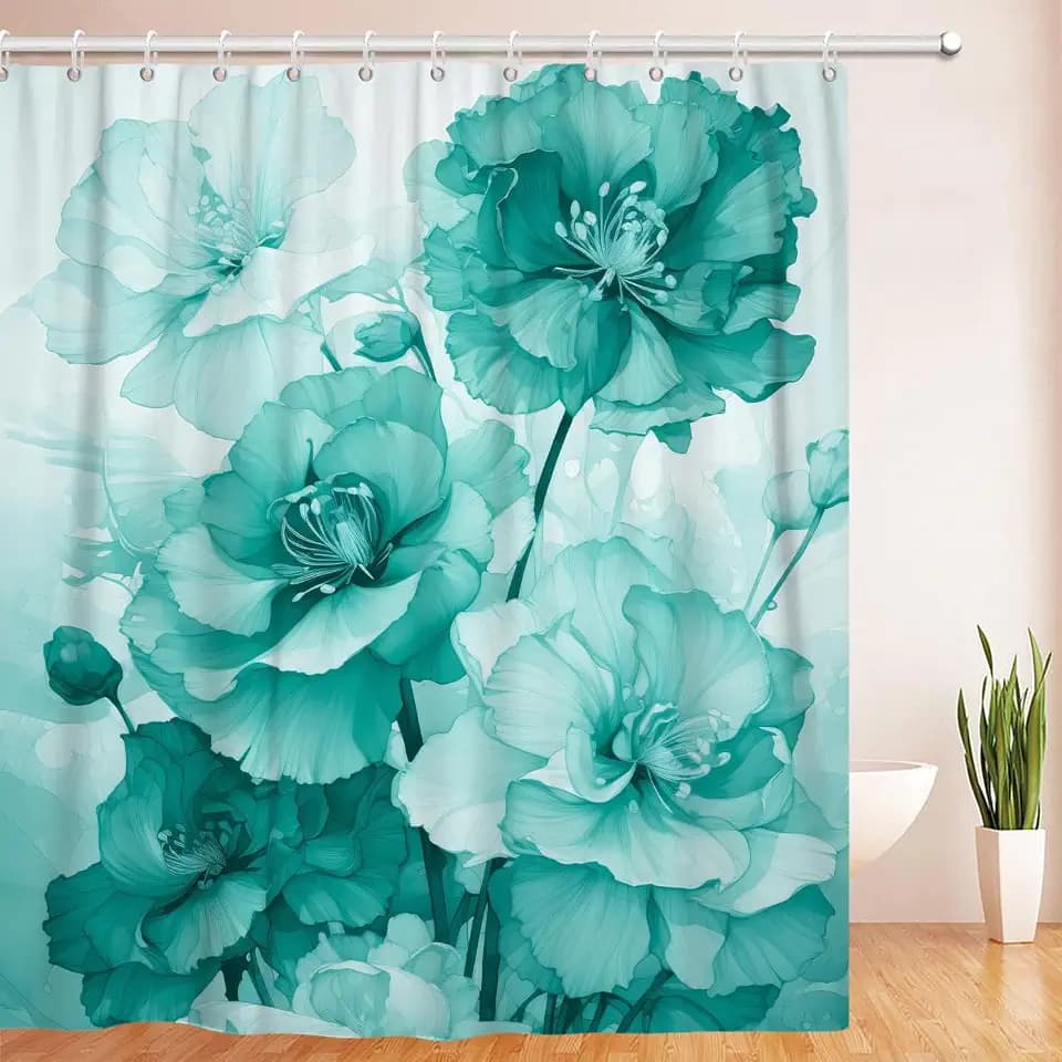 Green Rose Floral Waterproof Bathroom Shower Curtain 72" Wx72 L