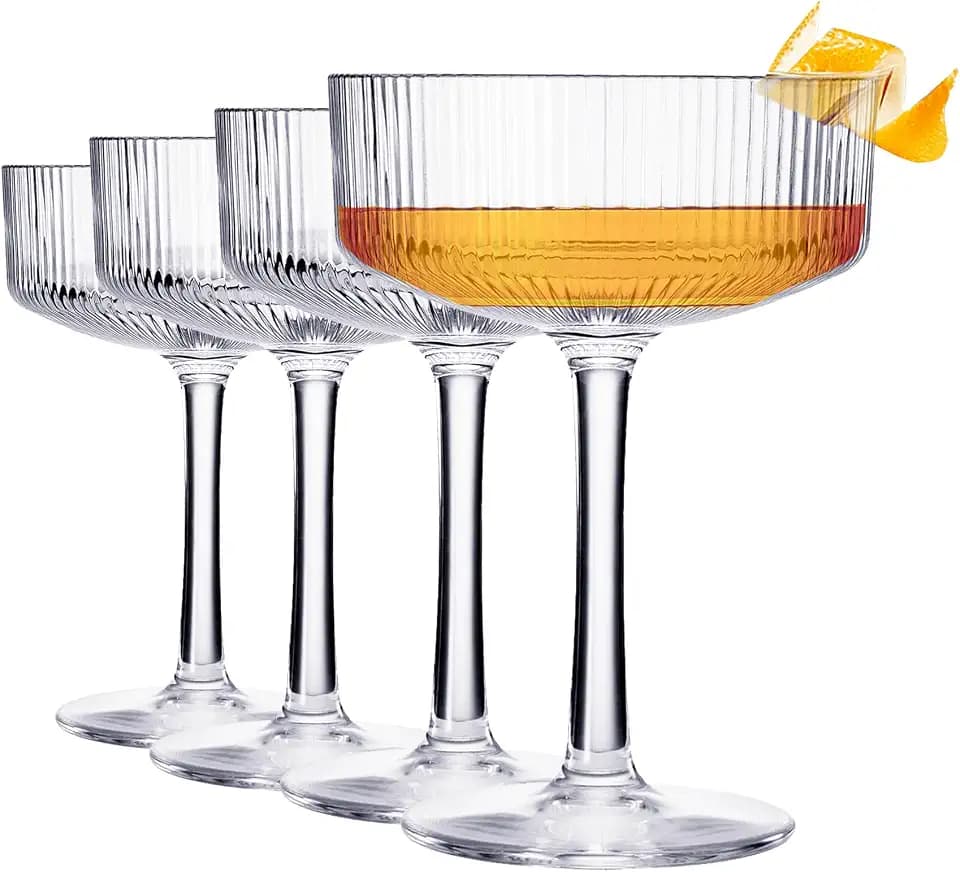 Khen Vintage Art Deco Shatterproof Coupe Martini Cocktail Glasses, Set of 4, 8 oz Clear Acrylic Ribbed Ripple Stemware European Style Drinkware Goblets, Indoor Outdoor Parties Weddings Home Bar Gift