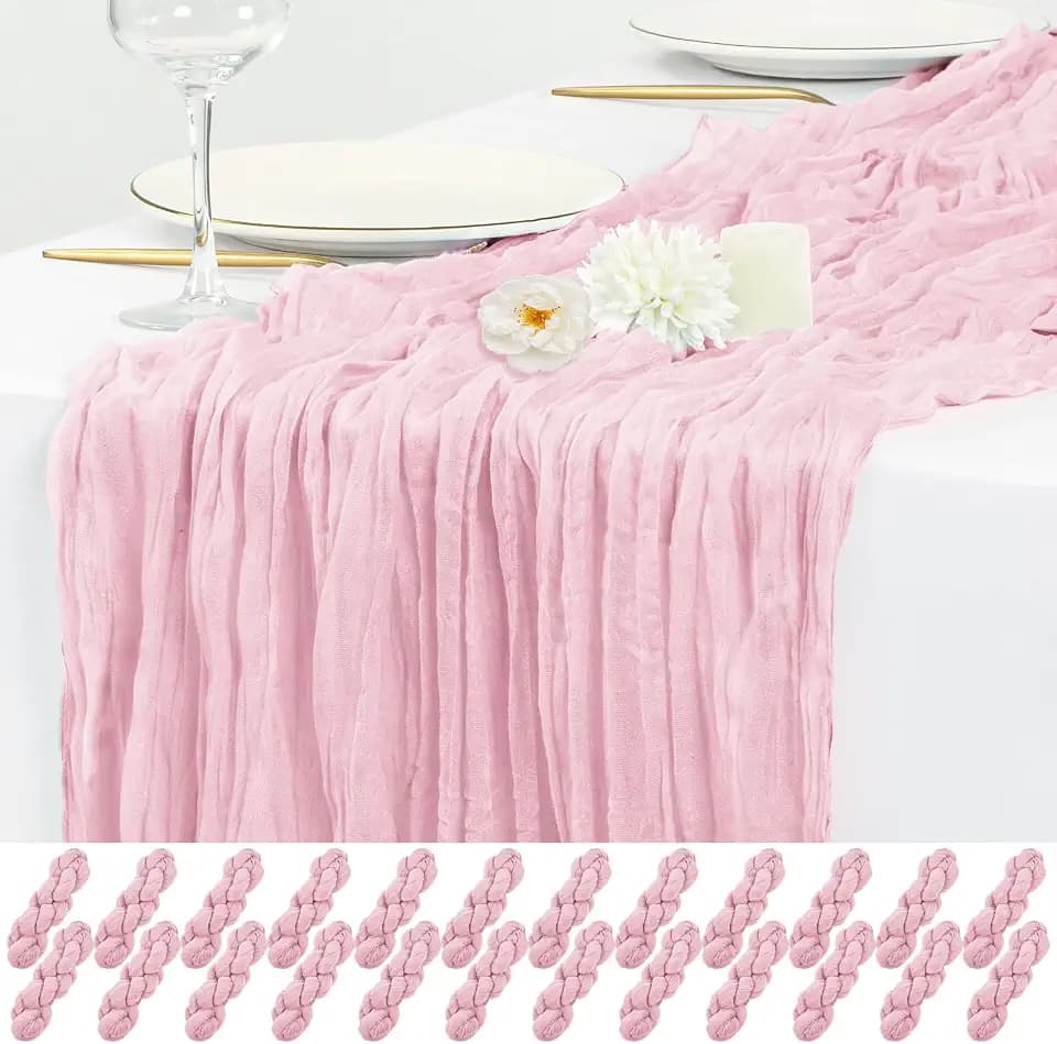 24 Pack Light Pink Cheesecloth Table Runner 17x108 Inch Gauze Table Runners, Semi Sheer Boho Cheese Cloth Fabric Table Runner for Wedding Party Baby Shower Bridal Shower Home Decoration