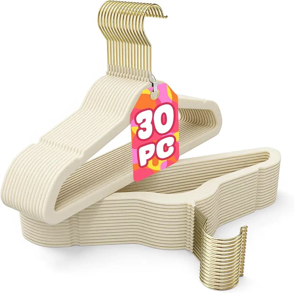 Korpai 30 Pack Baby Velvet Hangers 11 Inch,Non-Slip,Ultra Slim,Space-Saving Baby Hangers with 360° Swivel Hook, 7LBS Capacity,Baby Clothes Hangers Ideal for Baby Romper/Dresses/Shirts/Coats/, Beige