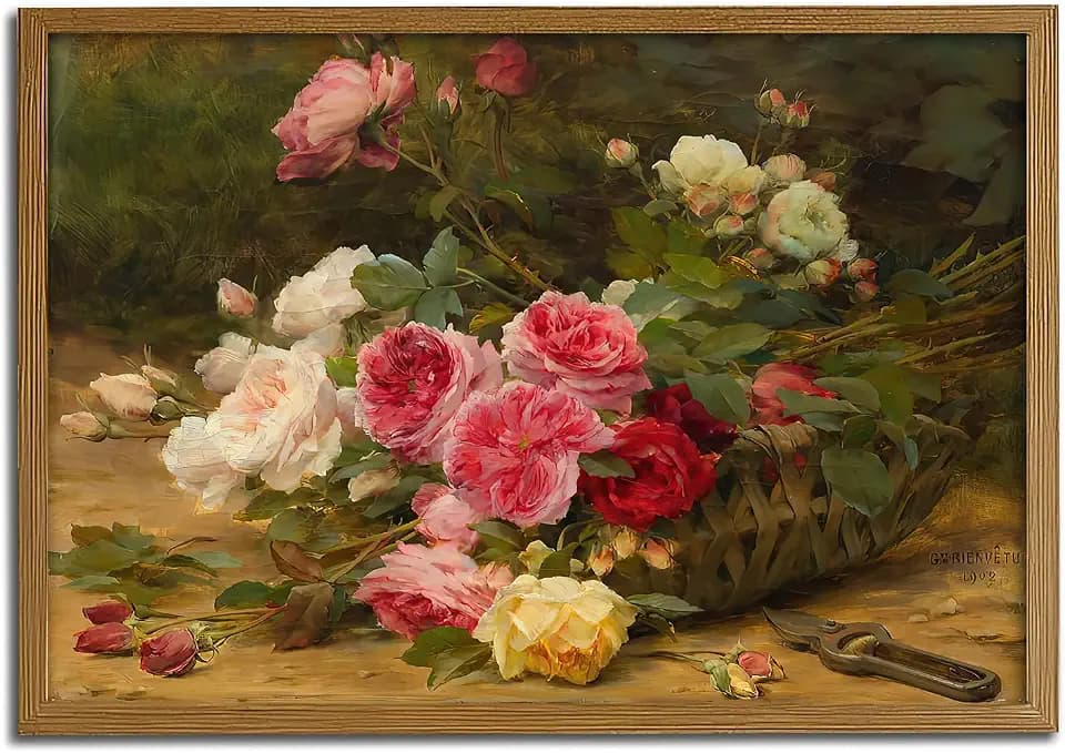 Vintage Aesthetic Romantic Roses Basket Vintage Floral Still Life Oil Painting Prints Reproduction Canvas Elegant Wall Art for Living Room, Office, or Study Farmhouse Decor(16" x 24"-UNFRAMED)