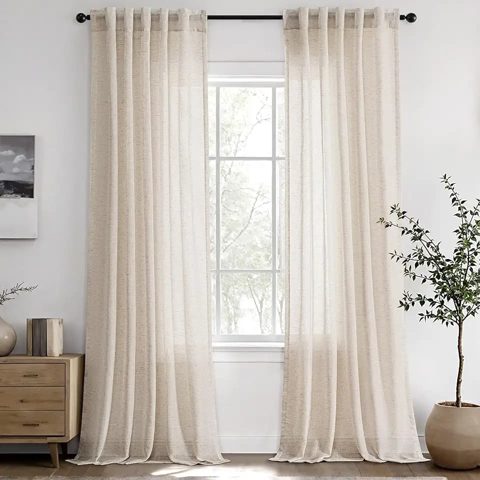 Beige Semi Sheer Linen Curtains 96 Inch Long 2 Panels for Living Room 37x96