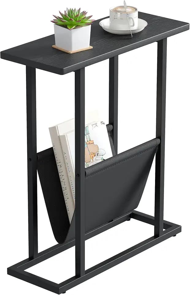 Yusong Narrow Side Table for Small Spaces, Small End Table with Magazine Holder, Skinny Slim Little Thin Table for Living Room, Bedroom, Sofa, Black Oak