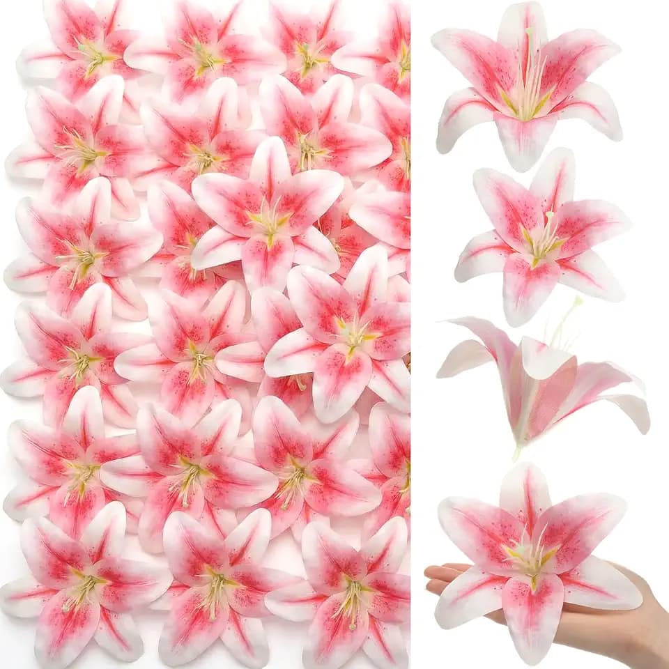 Suncalla Large Artificial Lily Heads with Stamen, Light Pink, 20 Pack