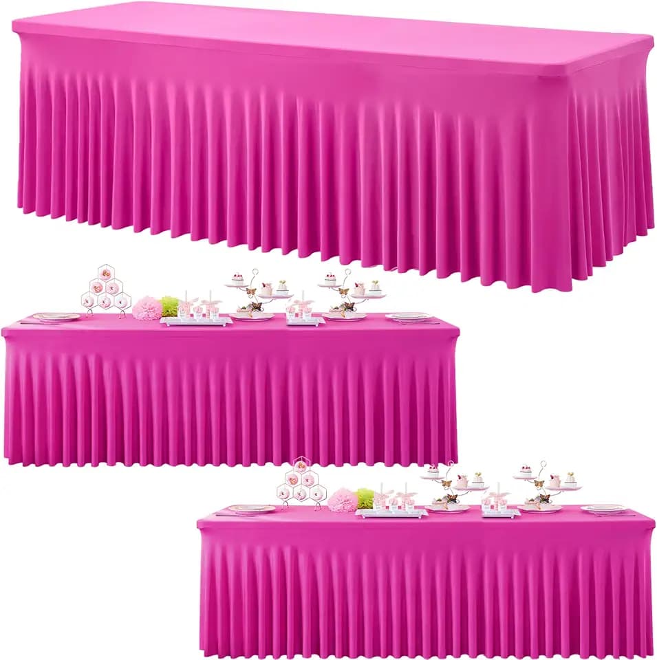 3 Pack Hot Pink Spandex Tablecloth for 6 Foot Rectangle Tables, Wrinkle Free Fitted Table Cloth Cover 6ft Fuchsia Stretchy Tablecloths with Skirt for Parties Weddings Birthday Banquet Baby Shower