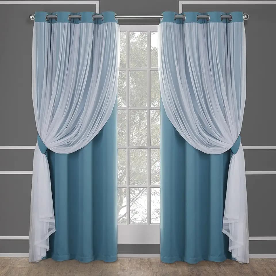 TOWN & COUNTRY LUXE Talia Double Layer Indoor Curtains, Sheer and Room Darkening Blackout, Grommet Top, Energy Efficient, 2-Pack Set, 52"x84", Turquoise