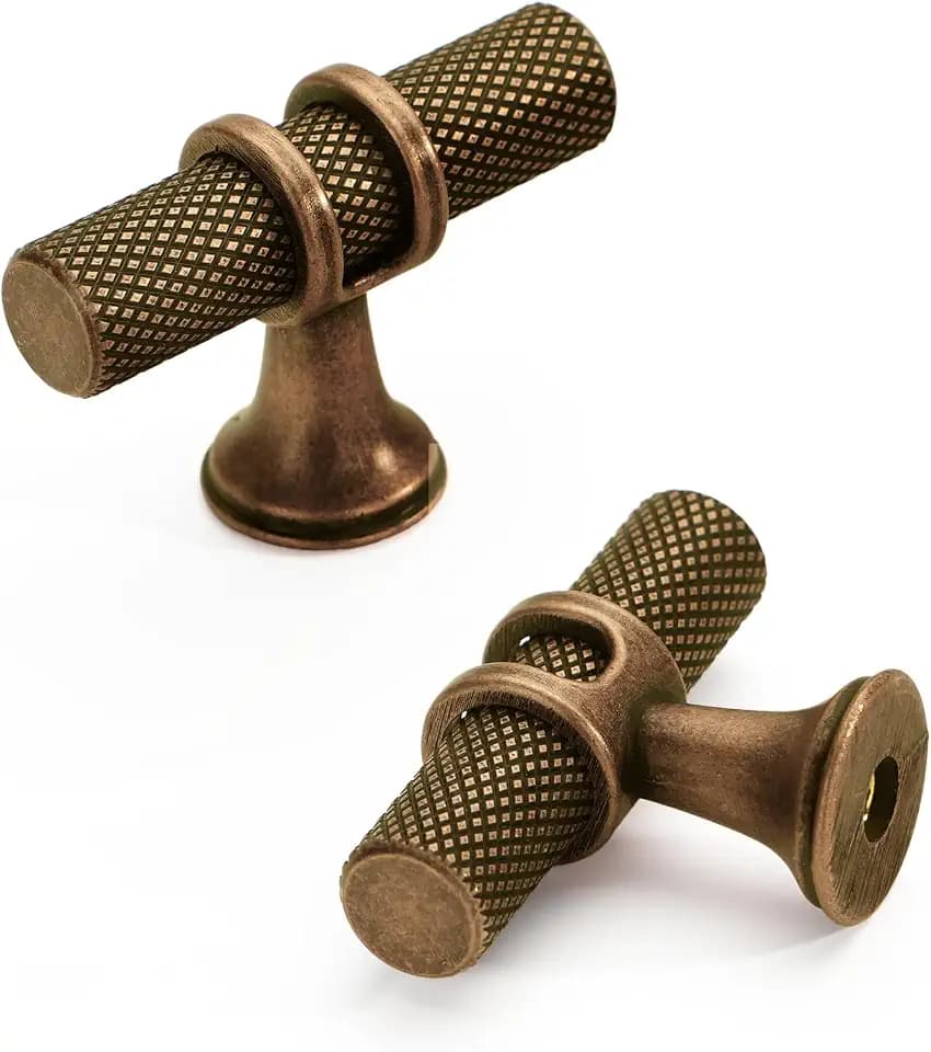 FURNIWARE 10 Stück Möbelknöpfe Antik Messing, T-förmiger Schrankknöpfe 50mm, Türknöpfe Gerändelte, Kommodenknöpfe Vintage, Schubladenknöpfe für Schränke, Kommoden, Kleiderschrank, Türen